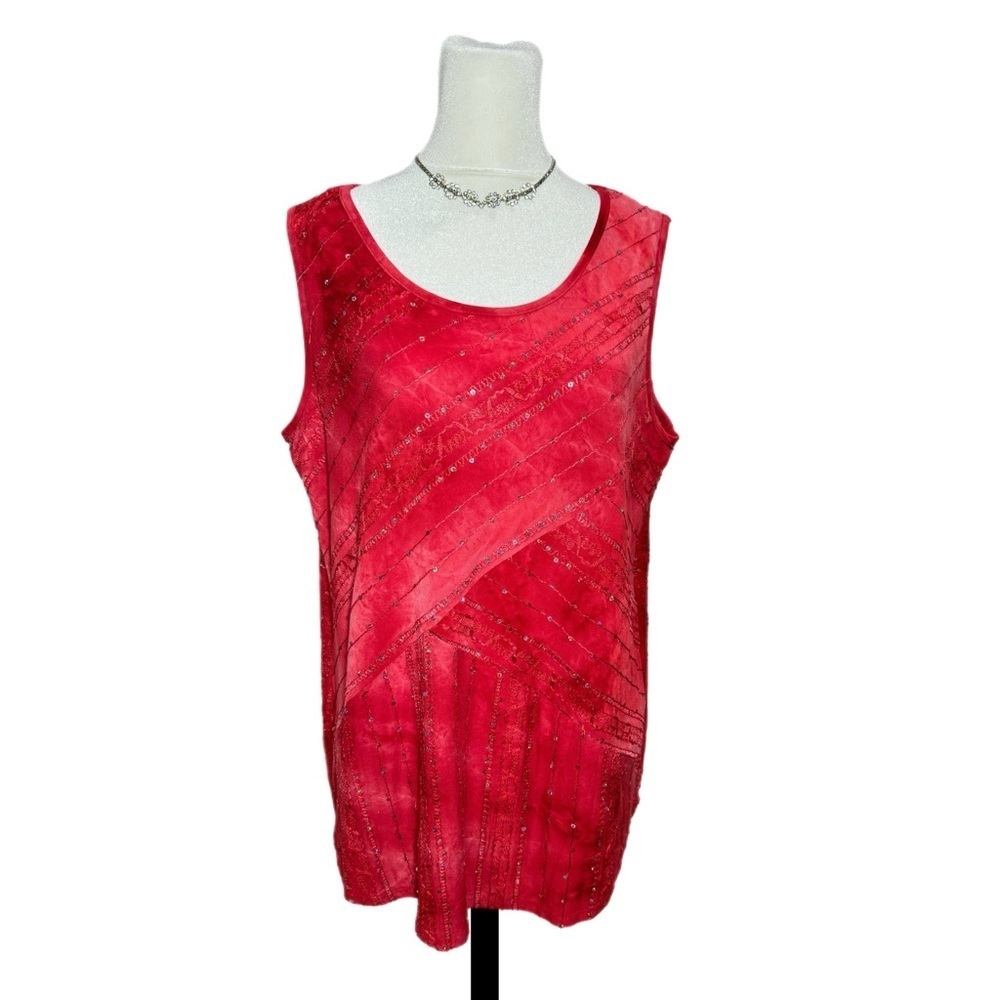 Westport 1962 Woman 1X Red Sleeveless Blouse Sequin Embroidered Tie Dye Plus - Picture 2 of 10